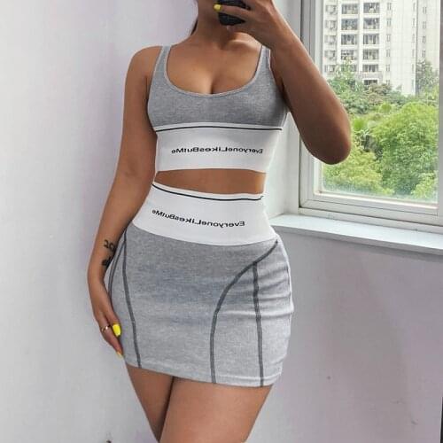 Sexy Women Dkirt Two Piece Set Print Letter Knit Ribbed Crop Tank Top And Mini Dress Bodycon Matching Sets Streetwear