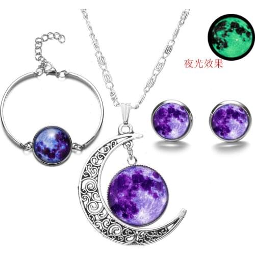 Luminous Jewelry Set Glow In The Dark Concise Round Glass Galaxy Planet Pendant Necklace Earrings Fashion Engagement Jewelry Set