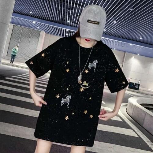 Sequined Embroidery Animal Picture Casual Straight Short Sleeve O-neck Black white Plus Size Loose Summer T Shirt Dress
