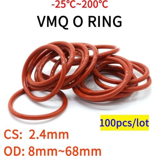 100pcs VMQ O Ring Seal Gasket Thickness CS 2.4mm OD 8 ~ 68mm Silicone Rubber Insulated Waterproof Washer Round Shape Nontoxi Red