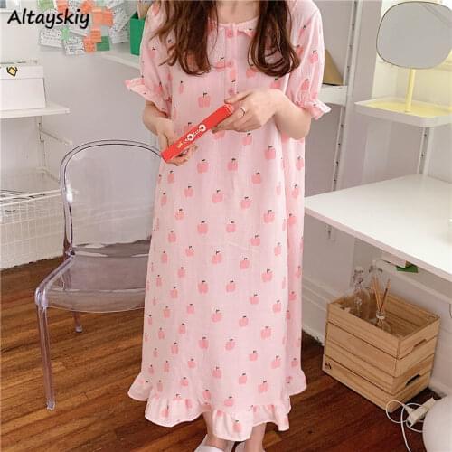 Sweet Nightgowns Women Summer Korean Style Puff Sleeve Mid-calf Baggy Lounge Sleepwear Female Maiden Leisure Comfort Homewear