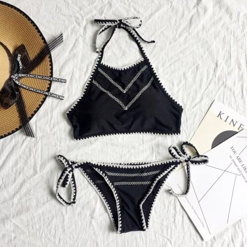 Woman Clothes Black Bikini Bandage Sexy Women Swimwear White Trim Triangles Girl High Waist Swimsuit Bikinis Female
