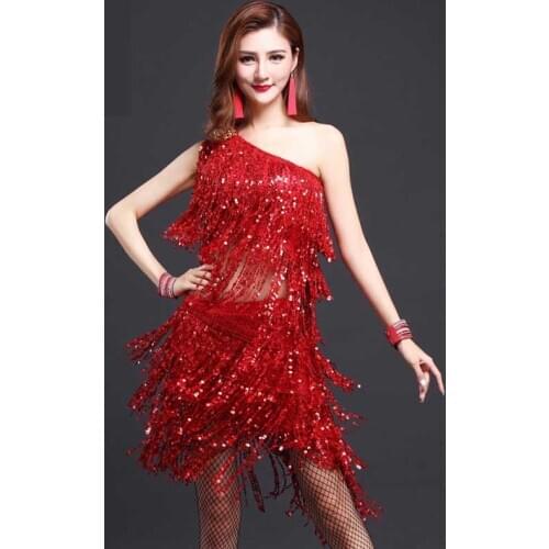 Adult Female Latin Dance Performance Clothing One-shoulder Latin Dance Performance Competition Clothing Sequined Fringed Skirt