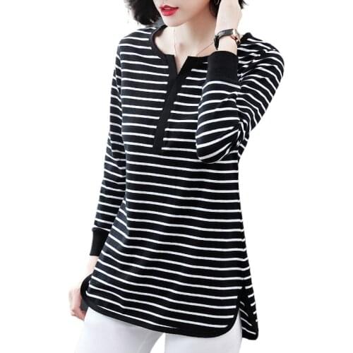 2021 new striped long-sleeved t-shirt womens top loose Korean version of the wild mid-length large size bottoming shirt women