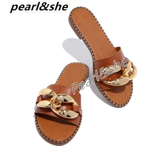 Womens Leather Flat Slippers Metallic Link Chains Slip On Summer Indoor and Outdoor Slide Sandals