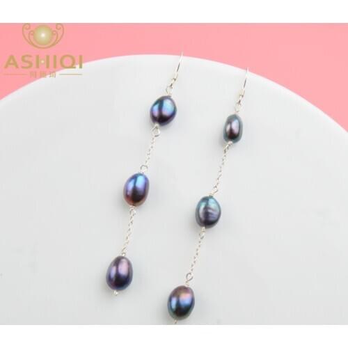 ASHIQI Real 925 Sterling Silver Natural Freshwater Pearl Earrings long korean earrings for Women Big Baroque pearl Jewelry Gift