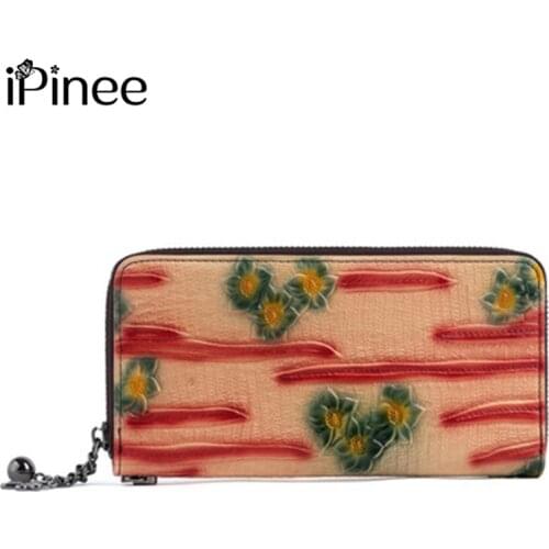 IPinee Cow Leather Women Clutch Wallet Long Style Ladies Female Coin Purse Portomonee Clamp For Phone Bag Girls Handy Purse