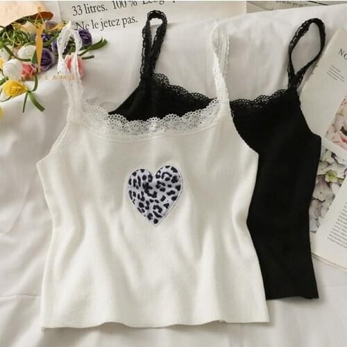 Love Pattern Print Camisole Womens Lace Patchwork White Tank Camis O-Neck Sleeveless Crop Tops Casual Sweet Tank Tops Femme