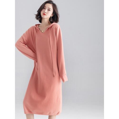 2019 Knit Dress Autumns Fashion Hooded Knitted Sweater Dress Loose Thin Female Long Sleeve Elegant Woman Knitwear Dress AA5154