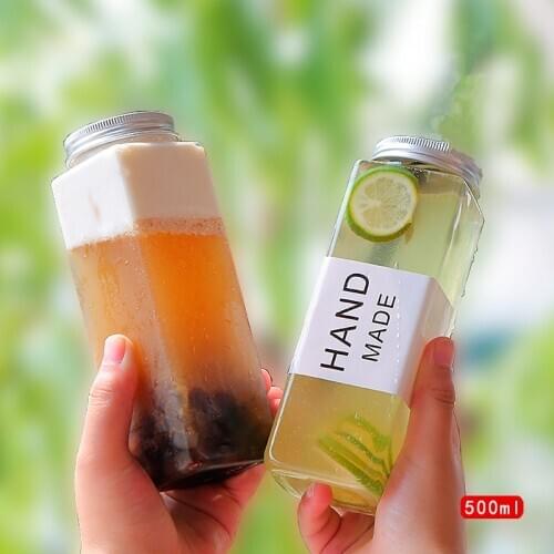 10pcs Net red bubble tea cup packaging plastic cup 500ml square clear bottles cold drinks juice ice coffee beverage cup with lid