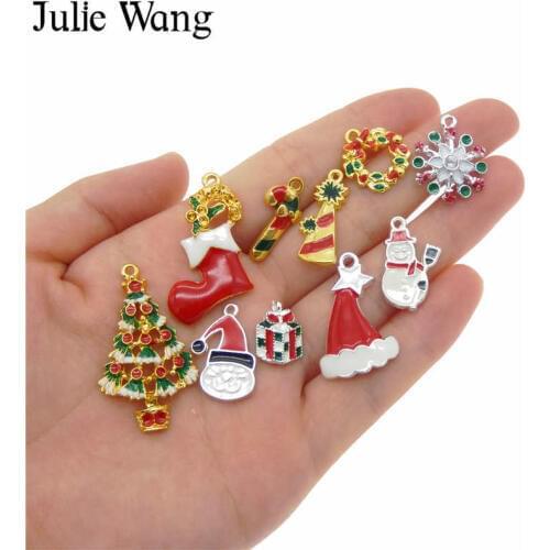 Julie Wang 10pcs Enamel Colorful Alloy Christmas Tree Shoe Hat Snowflake Charms Pendant Jewelry Making Christmas Decoration