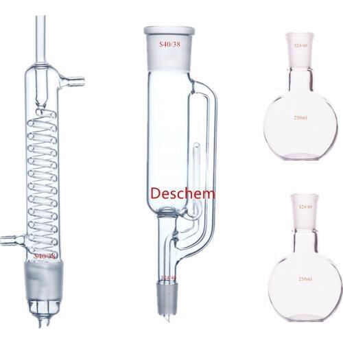 250ml,24/40,Soxhlet Extractor W/Graham Condenser & Two Flat Flasks,Lab Glassware