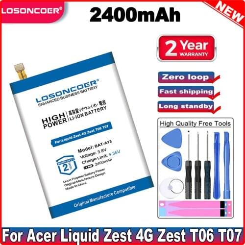 LOSONCOER BAT-A13 Battery 2400mAh for Acer Liquid Zest 4G Zest T06 T07 Battery 385366 1ICP4/53/66 +Free tools+Sticker in stock