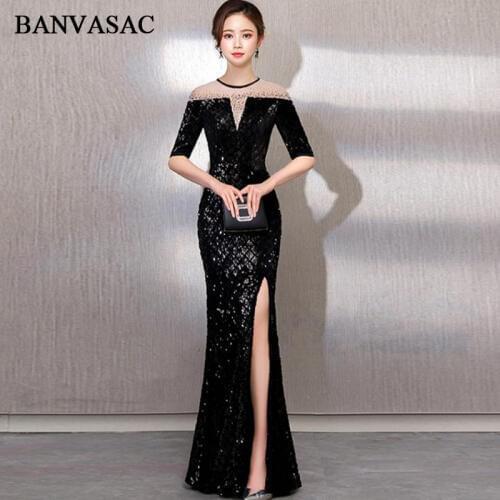BANVASAC Crystal Illusion O Neck Split Mermaid Long Evening Dresses Party Sequined Half Sleeve Prom Gowns