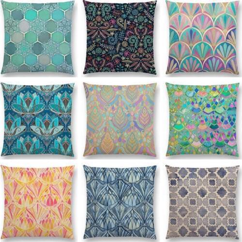 Art Deco Fresco Mediterranean Pattern Lotus Watercolor Patchwork Gorgeous Frosting Cushion Cover Decor Sofa Throw Pillow Case