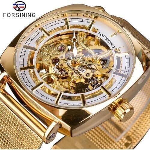 Forsining Golden Square Men Mechanical Watch Business Mesh Steel Belts Automatic Clock Relogio Masculino Hodinky Erkek Kol Saati