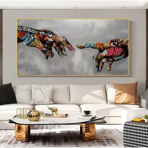 Creation Of Adam Graffiti Art Canvas Posters And Prints Hand to Hand street Art Canvas Paintings on the Wall Art Pictures Cuadro