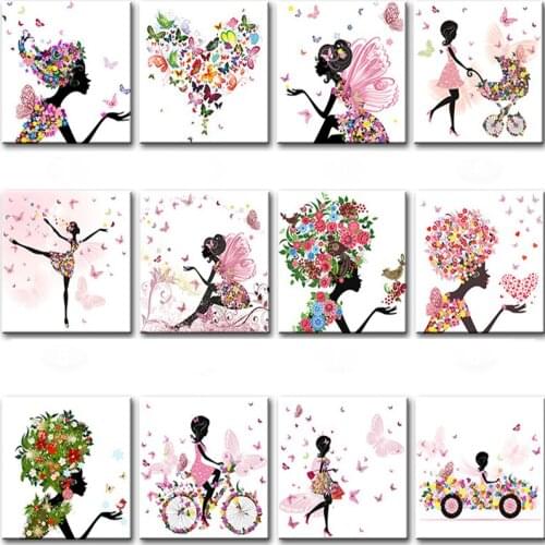 Cute Love Flower Elf Dance Girl Canvas Painting Cartoon Butterfly Fairy Mosaic Poster Living Room Modern Wall Art Print Pictures