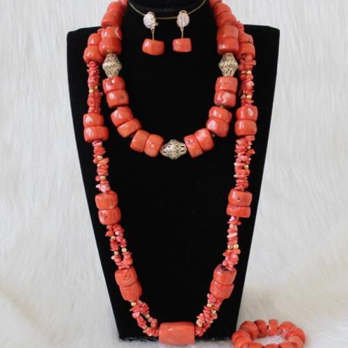 Dudo Jewellery 34 inches 16-25mm Nature Coral Beads Jewelry Set African Wedding jewellery Set For Bridal Women 2019 2 Layers