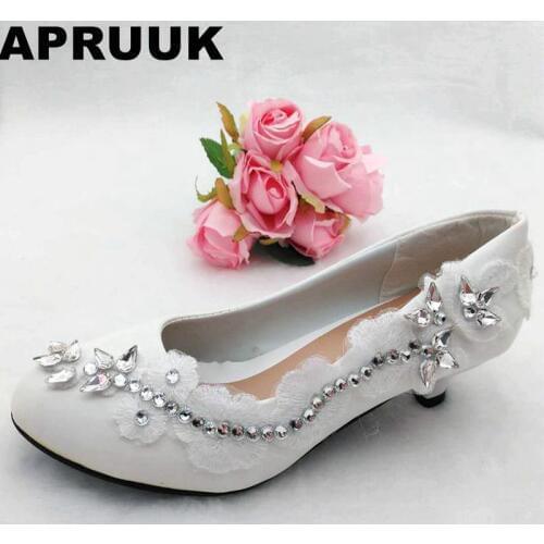 Small low heel luxury silver crystal rhinestones wedding shoes bride custom handmade sweet lace bridal shoes proms dress pump