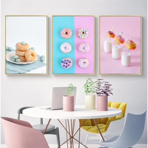 Cute Cartoon Pink Style Decoration Canvas Wall Art Gourmet Doughnuts Baked Dessert Pudding Restaurant Kitchen Oil Painting