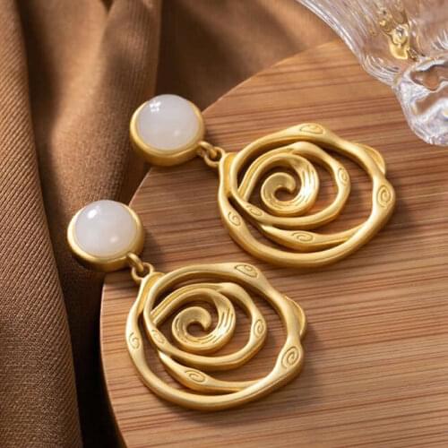 New Arrival S925 Silver Rose Flower Earrings Women White Jadeite Dangle Earrings