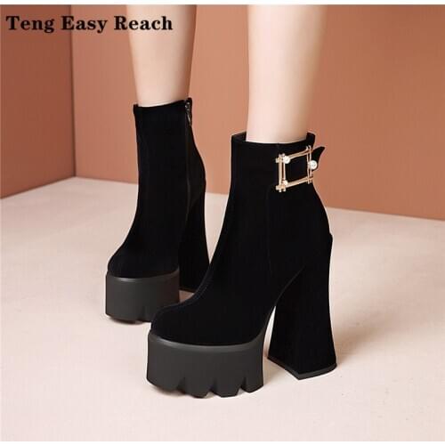 Fashion New Womens Side Zipper Ankle Boots Platform Thick High Heel 15 Cm Ladies Boots Winter Woman Shoes Black Boot 34-43