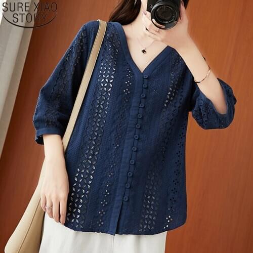 Embroidered V Neck Solid Plus Size Loose Women Blouses Hollow Out Cotton Shirts Women Vintage Cardigan Solid Shirt Blusas 10224
