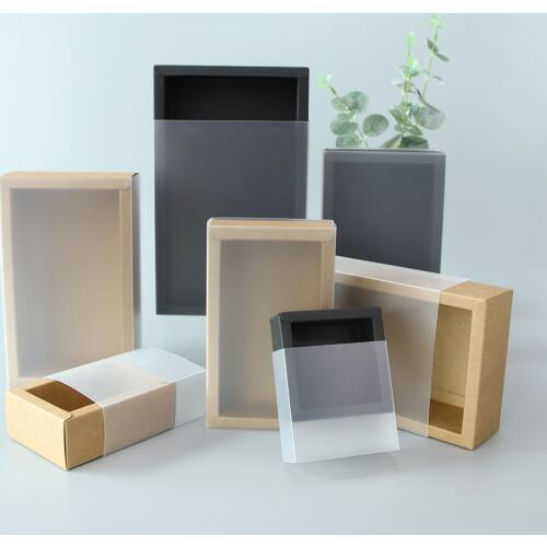 5pcs/ 10pcs/ kraft paper gift box PVC transparent window black box packaging box candy wedding exquisite black card display box