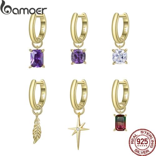 BAMOER 1PC Drop Earrings for Women 925 Sterling Silver Bright Star Purple CZ Earring with Charms Gold Color Jewelry SCE1093