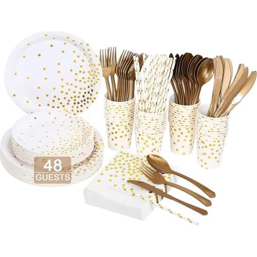 White Gold Party Supplies Golden Foil Dot Disposable Dinnerware Sets Tableware for Birthday, Wedding, Graduation, Cocktail
