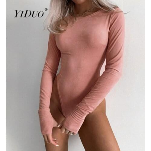YiDuo 2021 Spring Solid Basic Long Sleeve Velvet Sexy Bodysuit Women Fashion Streetwear Outfits Skinny Bodycon Jumpsuit Pink