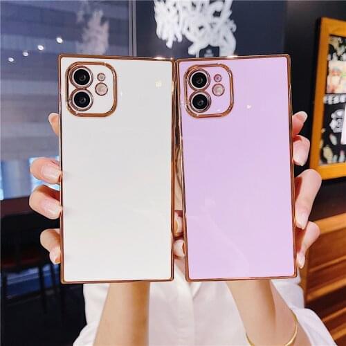 Candy Color Gilded Square Plain Phone Case For iPhone 12 11 Pro Max Case XS XR X 8 7 Plus SE 2020 Geometry Soft TPU Back Cover
