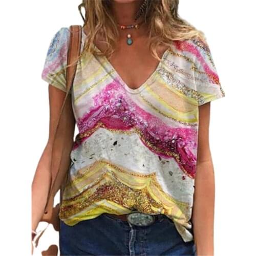 3XL Casual Summer T Shirt 2021 New Fashion Women Tie Dye Print Short Sleeve V-Neck Streetwear Tops Plus Size Lady Cotton Tee Top