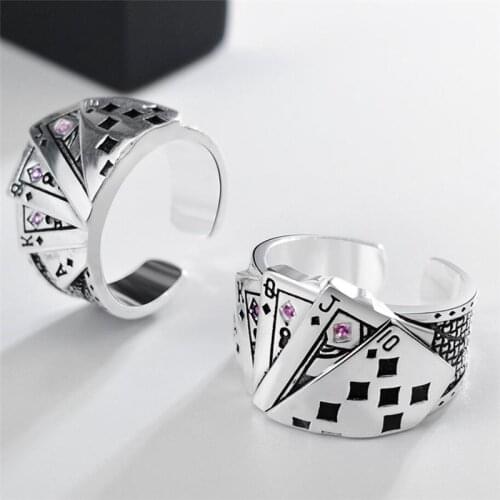 Sole Memory Retro Cute Personality Cool Poker 925 Sterling Silver Female Resizable Opening Rings SRI565