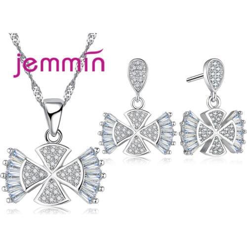 Top Quality Shining Fine Jewelry Set 925 Sterling Silver Silver Color Petal Flowers Design Necklace/Earrrings For Women