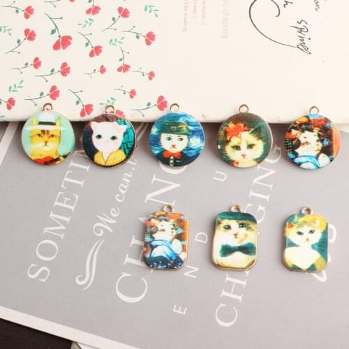 10pcs/lot Colorful Printed Cute cat Pendant Animal Enamel Charm Round Square card for DIY Earring Jewelry Handmade Finding XL838