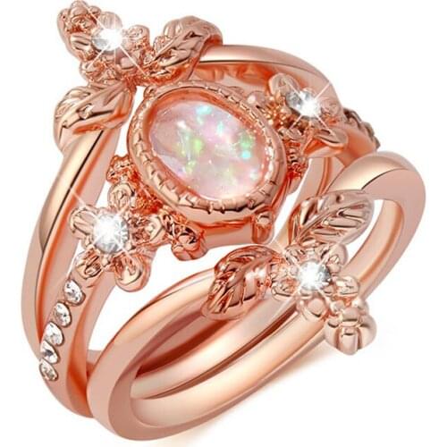 3 Pcs/set Exquisite Rose Gold Color Inlaid Crystal Zircon Opal Alloy Female Ring Set for Women Party Wedding Jewelry Accessories