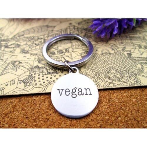 3pcs/lot 28mm stainless steel keyring with 20mm stainless steel circle round "VEGAN" charms keyring