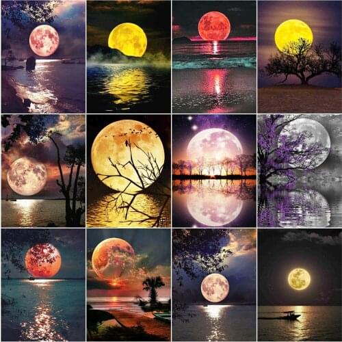 AZQSD 5D Diamond Painting New Arrivals Moon Home Decor Needlework Diamond Mosaic Landscape Cross Stitch Kits Handmade Gift