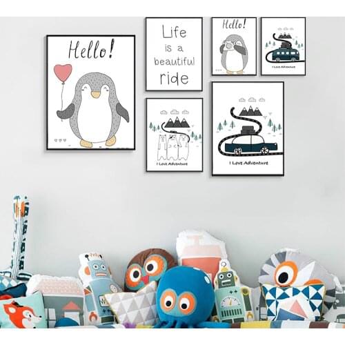 Cartoon Animal Canvas Painting Penguin Polar Bear Poster and Print Child Kids Bedroom Nursery Wall Decor Painting