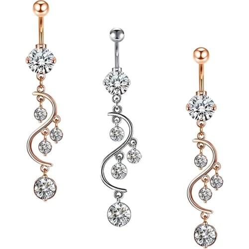 14g Belly Button Rings Dangle Surgical Steel CZ Navel Ring Barbell for Women Girls Body Piercing Jewelry Rose Gold Silver