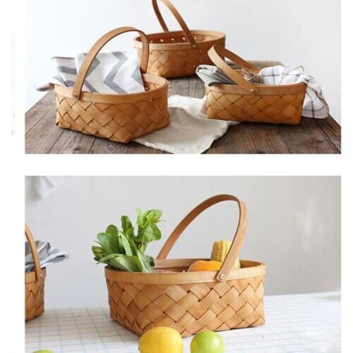 Hand-woven Wood Chip Storage Basket Fruit Picking Storage Basket Picnic Basket Portable Vegetable Egg Kitchen Storage Basket
