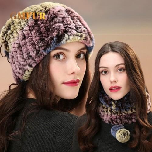 Hot Sell Russia Winter Real Rex Rabbit Fur Hat Scarves Women Dual Use Natural Knitted Pompom Cap Warm Beanies Ladies Hats