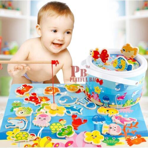 Magnetic fishing wooden toys for children playing jigsaw puzzle in simulation of parent-child interaction fishing toy