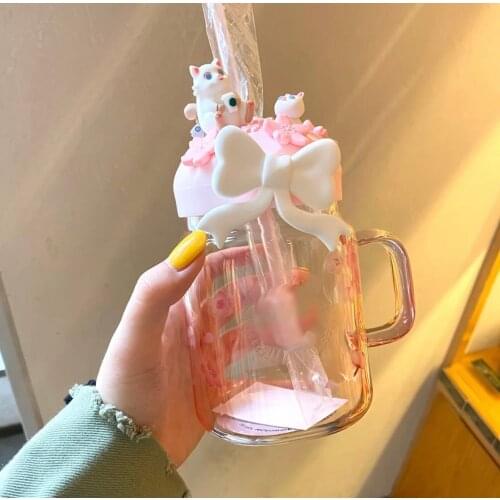 New Pink Sakura Pink Mason Glass Straw Cup Bowknot Cat Petal Girl Water Cup