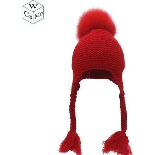New Fox Pompom Beanies For Children Caps Beanie Warm Winter Cap Kids Knitted Protect Ears Hats Pom pom Boy&Girl Hats