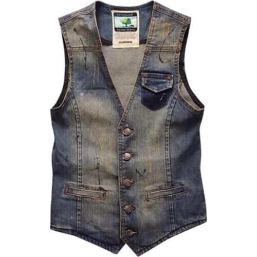 New Male Denim Waistcoat Veste Homme Tank Mens Denim Vest Casual Slim Sleeveless Jacket Cowboy Vintage Holes Jeans Tops 3XL