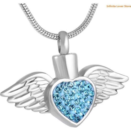 IJD8496-9 Wholesale Cremation Jewelry Stainless Steel Angel Wing Feather with Rhinestone Heart Keepsake Memorial Urn Necklace