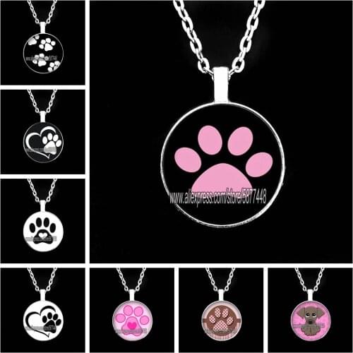Cute Cat Paw Print Glass Necklace I Love Cat and Dog Pendant Necklace Lovely Dog Print Chain Necklace Gift for Girl and Women